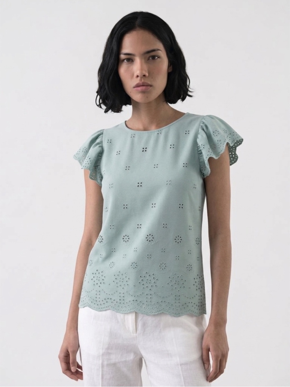 Valentina Naldi Mint Green Eyelet Embroidered Ruffle Sleeve Cotton Blouse